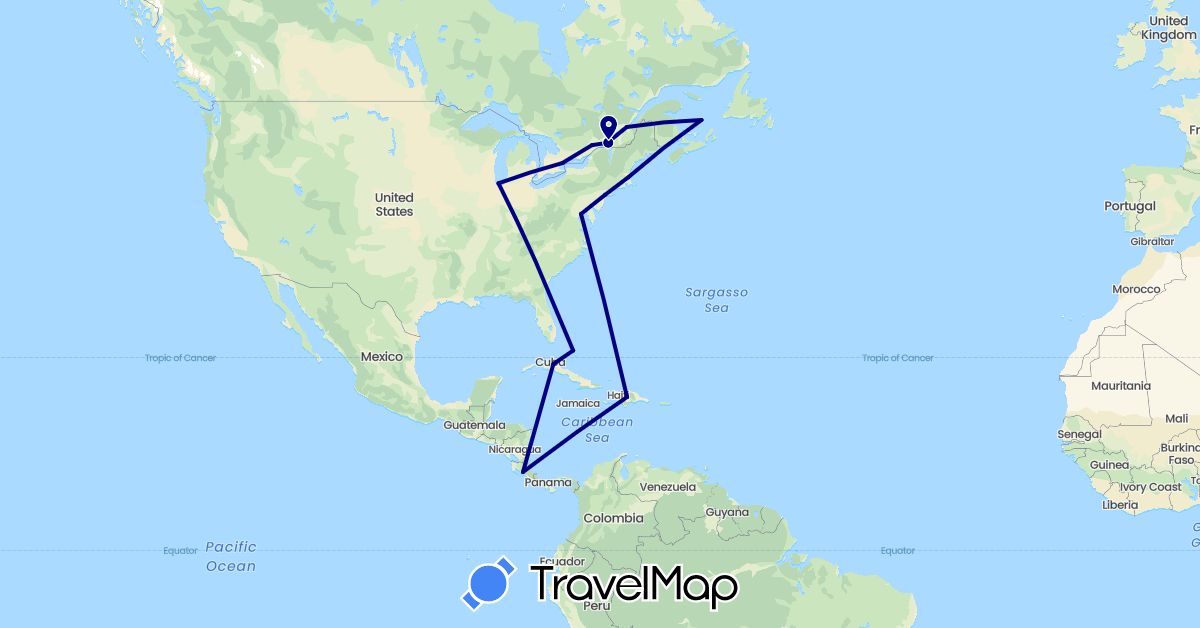 TravelMap itinerary: driving in Bahamas, Canada, Costa Rica, Cuba, Dominican Republic, United States (North America)